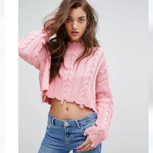 Boohoo Pink Cable Knit Frayed Hem Cropped Sweater